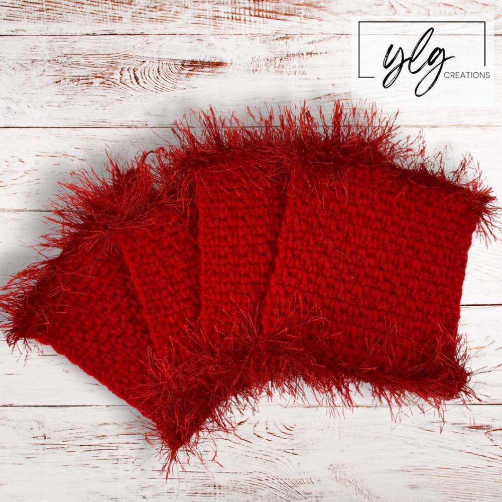 Mug Rugs Handmade Crochet Holiday Red Eyelash Edging Felt Back Set of 4 Coasters
